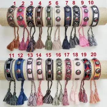 

3Pcs Fashion Women Rivet Signature Embroidery Tassel Bracelet Bohemia Colorful Pattern Cotton Braid Bracelet Vintage Jewelry
