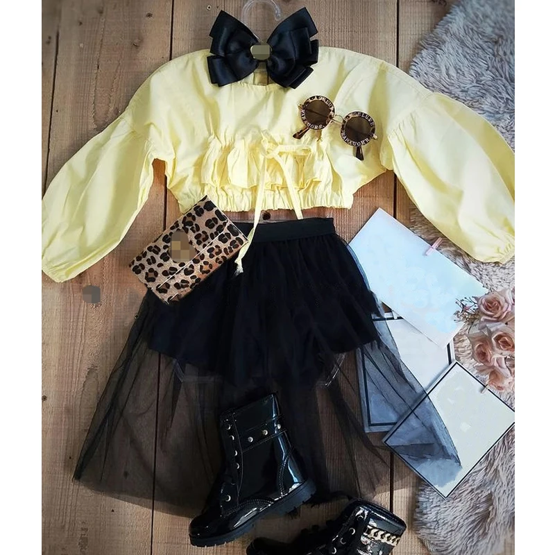 FOCUSNORM 3-8Y Fashion Autumn Kids Girls 2pcs Clothes Sets Long Lantern Sleeve Solid T Shirts Lace Tutu Short Skirts | Детская одежда и