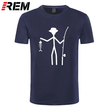 

Cool Funny T-Shirt Men High Quality Tees Men's Fisherman Stick Figure Holding Fish Bones Cotton Short Sleeve T Shirts