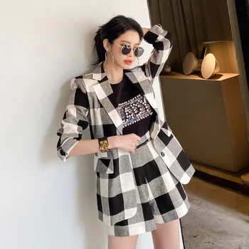 

Fashion Office Wear 2 Pieces Set Female Long Sleeve Blazea And Plaid Pencil Shorts Suits Lady 2020 Elegant Korean OL Women Set