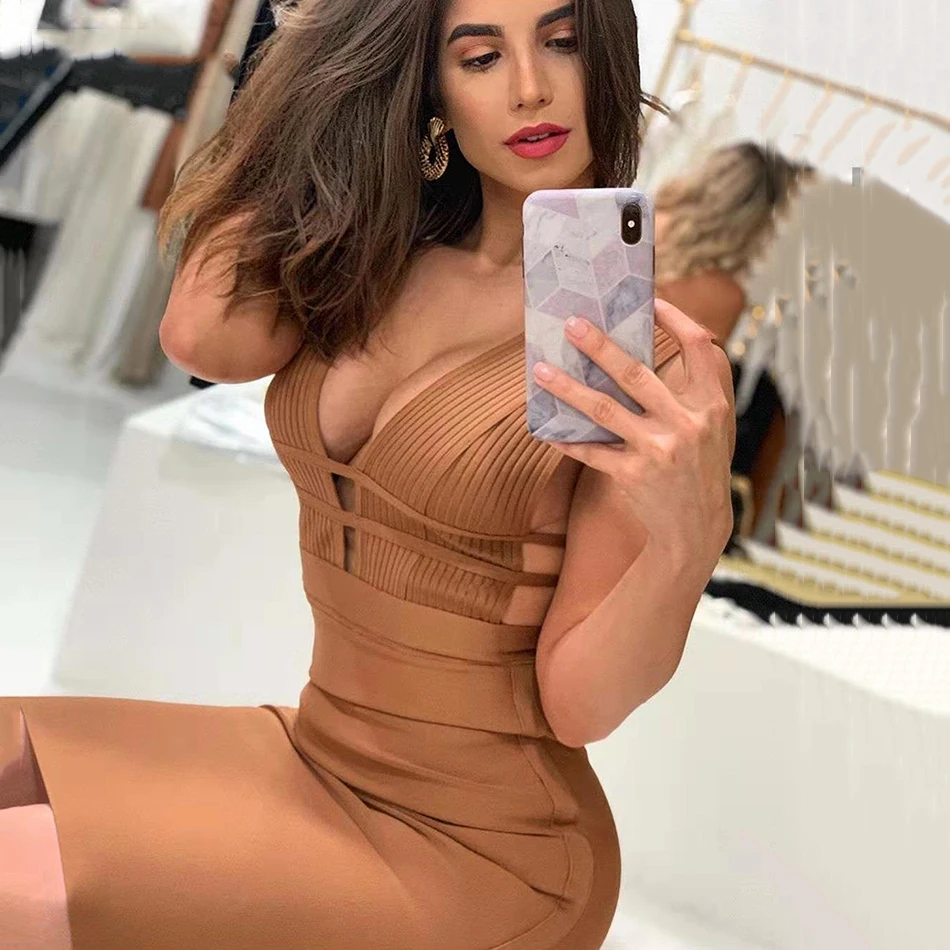 2019-Autumn-New-Women-S-V-Neck-Striped-Bandage-Dress-Sexy-Bodycon-Elegant-Celebrity-Party-Apricot (1)