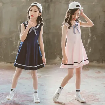 

4-13Years Children Girls Navy & Pink School Style Summer Dress Sleeveless Princess Dress Kids Clothing Bow Lovely Cotton Clothes