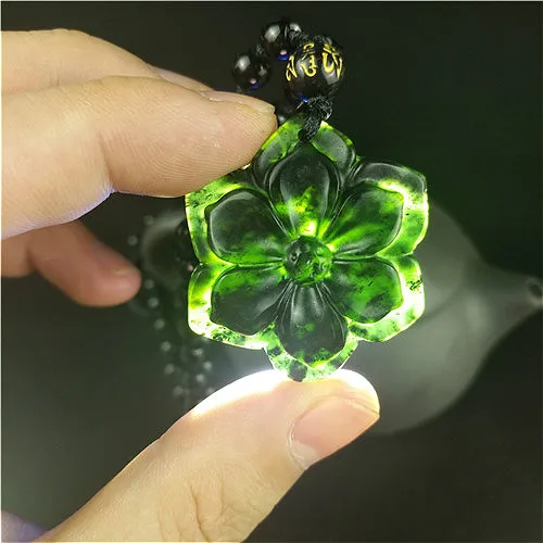 

Certified Chinese Natural Black Green Jade Hexagon Flower Pendant Necklace Charm Jewelry Obsidian Carved Amulet Gifts for Men