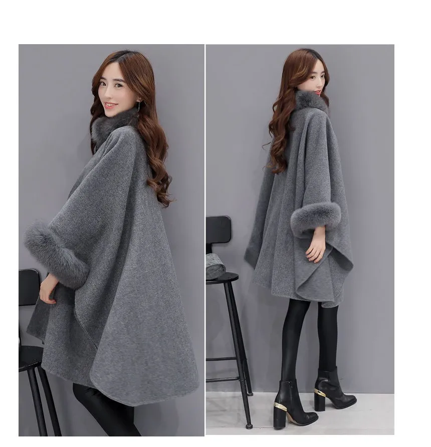 

Ponchos and Capes Women 2019 Christmas Fashion Flare Sleeve Faux Fox Fur Collar Winter Wool Cloak Cape Coat Poncho Long Overcoat