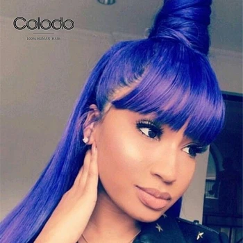 

COLODO Straight Brazilian Glueless Blue Lace Front Human Hair Wigs With Bangs Pink Preplucked Transparent Lace Wigs For Women