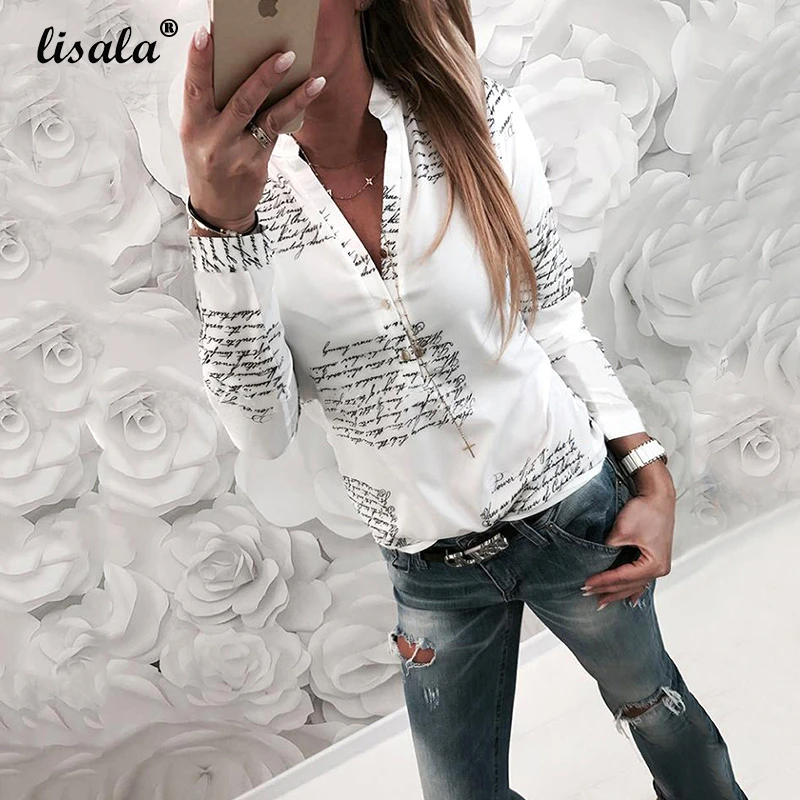 

LISALA Women Blouse Fashion Letter Print Casual Shirt v-neck long sleeve Blouses white black 3XL
