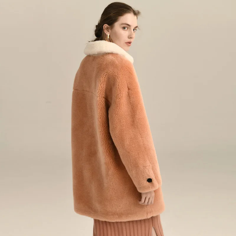 Winter Women High Quality real lambswool Fur OverCoats teddy cloth Luxury Long Loose Thick Warm Plus Size Female pink