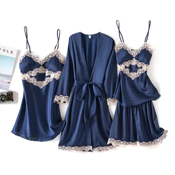 

Satin Female 4PCS Nighty&Robe Suit Sexy Bride Bridesmaid Wedding Robe Strap Top&Pants Casual Intimate Lingerie Kimono Gown