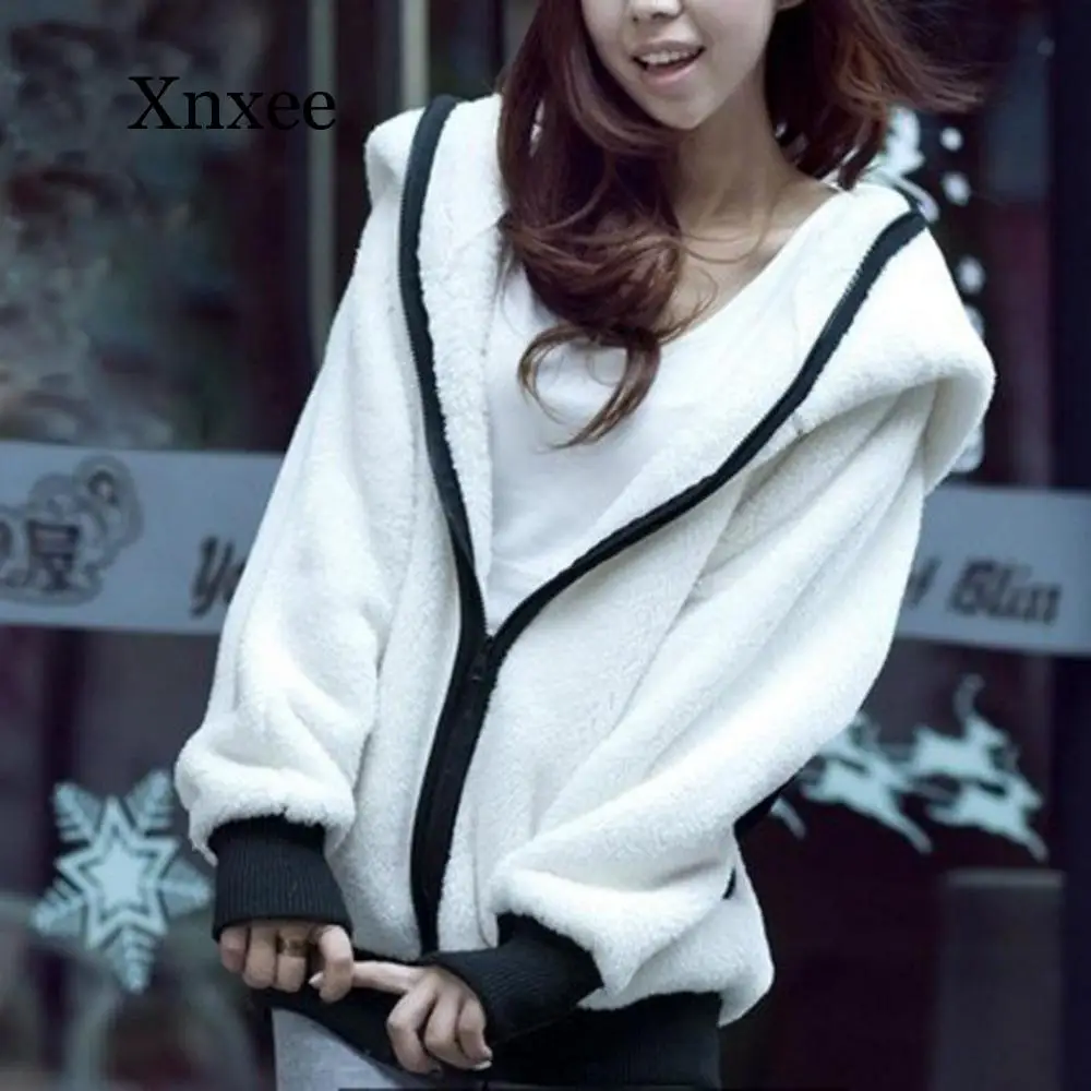 Winter Warm Hoodie Sweatshirts Women Lovely Plush Coat Hooded  Japanese panda coat teddy fox zipper panda ears student daughter