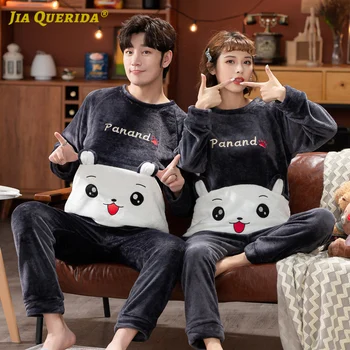 

New Fashion Style Casual Style Winter Pajamas Set Warm Flannel Man and Woman Sleepwear Pj Set Loungewear Couple Cat Printing