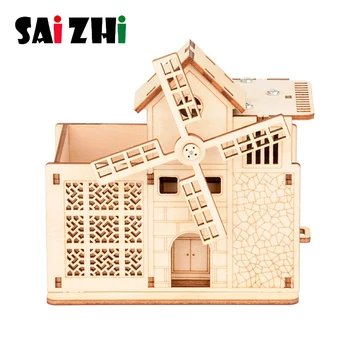 

Saizhi Kids Diy Wooden Hand Crank Music Box Pen Holder Christmas Gift Birthday Gift Party Theme Decoration Wood Ornaments Decor