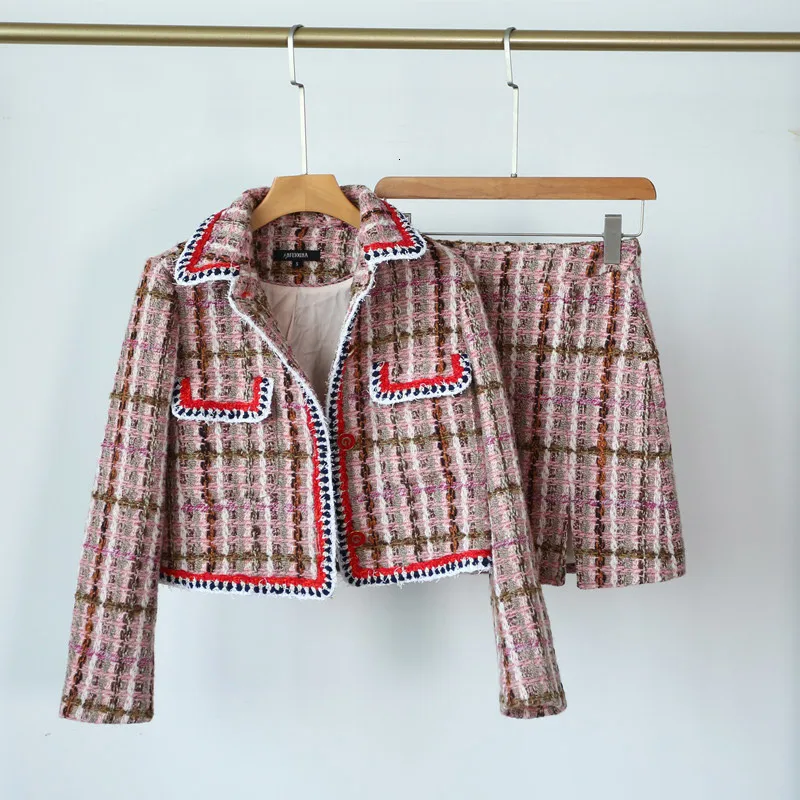 High Quality Tweed 2 Piece Set Fall Designer Pink Plaid Tweed Jacket Skirt Suit Single Breasted Wool Coat& One Step Skirt