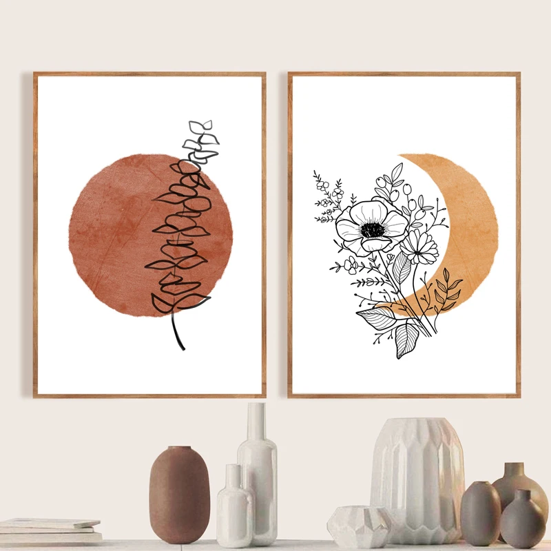Terracotta-Sun-and-Moon-Boho-Abstract-Canvas-Painting-Wall-Art-Posters-Eucalyptus-Flower-Plants-Line-Art