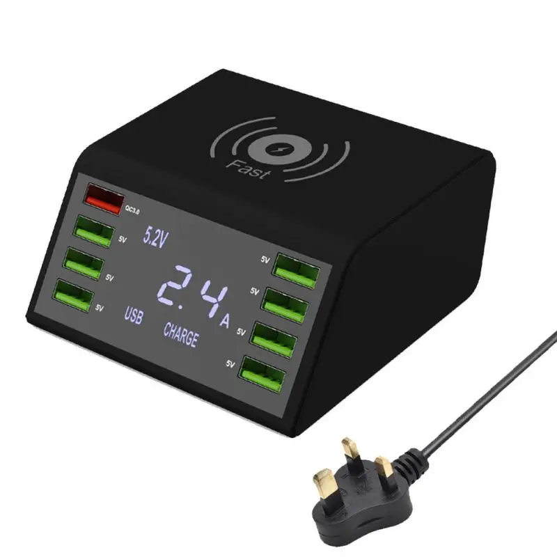 Mobile Phone Smart Charger With 8-Port USB QC3.0+10W Wireless Fast Charging Digital Display Smart Charger Built-in IC Chip