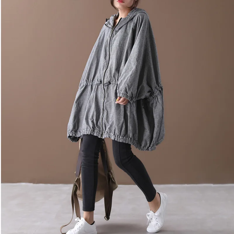 [EWQ] Autumn New Pattern Office Lady Style A-line Loose Full Sleeve Solid Color Zipper Hooded Collar Windbreak Coat AF890 - Цвет: gray