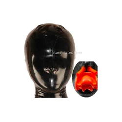 Handmade Latex Mask with Red Teeth Gag and Nasal Tubes Back Zipper Rubber Fetish Mask Uniform XS-XXL Women Cosplay Costumes