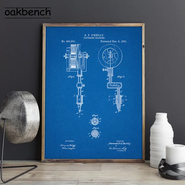 Tattoo Parlor Wall Art Canvas Painting First Tattoo Machine Patent Prints Vintage Blueprint Posters Wall Picture Home Decoration D