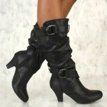 

2019 High Heel with Buckle Belt Strappy Women Fashion Mid-Calf Boots Spike White Black Ladies Shoes Plus Size 41-43 Woman Boot