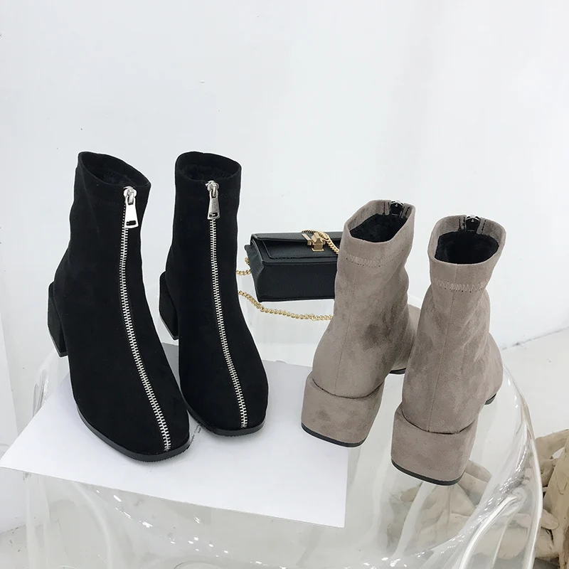

MONMOIRA Front Zipper Ankle Boots for Women Vintage Square Toe High Heel Boots Women Suede Leather Warm Winter Boots SWE0558