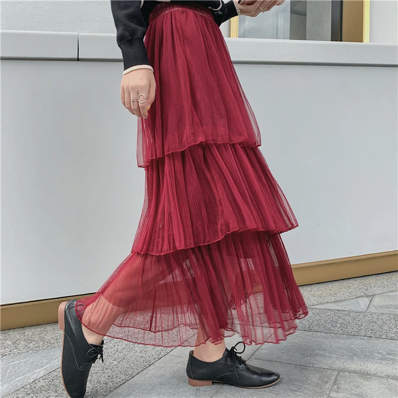 

Autumn winter women mesh tulle pleated long skirt Elegant three layer cake skirts elastic High waist pink fairy tutu skirt