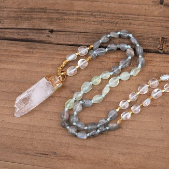 

Natural White Quartz Tusk Point Pendant Labradorite Prehnites Stone Chip Beads Knot Handmade Necklace Women Fashion Jewelry