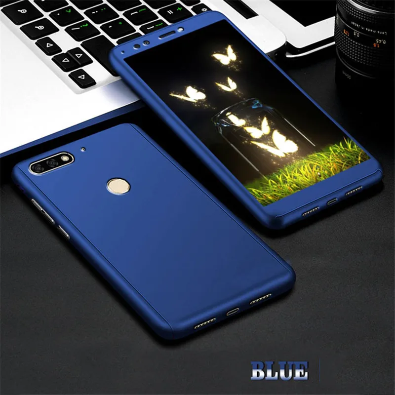 360 градусов чехол для телефона для huawei Honor 7C 7A Pro 7X 6X V9 V10 8X9 Y7 Prime Коврики 10 P9 P10 P8 Lite P Smart противоударный чехол - Цвет: Blue