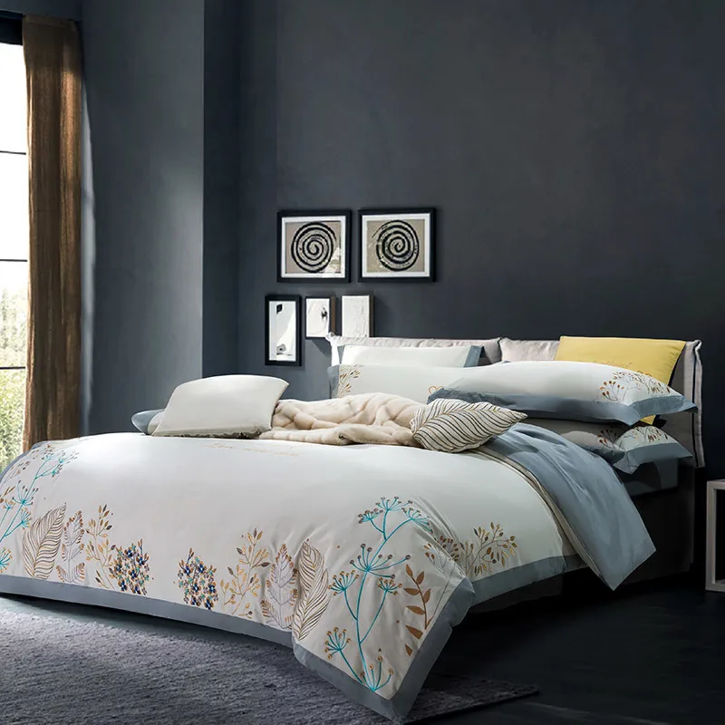 

600TC Soft Warm Brushed Cotton Embroidery Bedding set Queen King size Elegent Grey Duvet/Quilt cover Bed sheet Fitted sheet Set