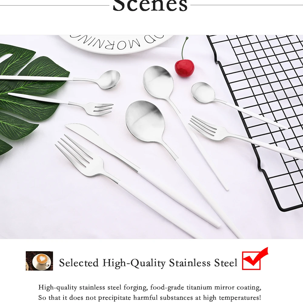 Description Picture 6 of itemMatte White Silver Cutlery Set Kitchen Dinnerware Set Restaurant Flatware Western Tableware Knife Fork Spoon Dessert Silverware