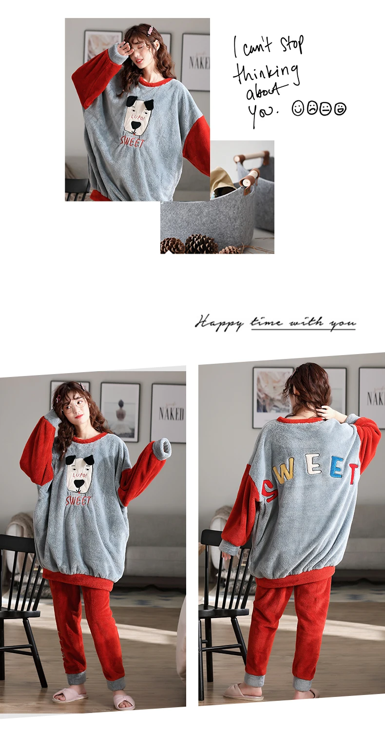 Large pyjamas autumn and winter women's lovely coral velvet thickened fat sister 100kg loose maternity home clothes set