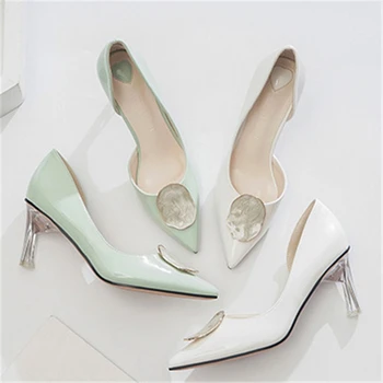 

Women Pumps Wedding Shoes Sexy High Heels Fashion Patent Leather Pumps 7.5cm Transparent Heel 2019 New Ladies Party Office Shoes