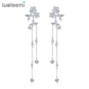 

Luoteemi Delicate Fairy Flower Long Thin Chain Drop Dangle Earrings for Women Bridal Wedding Dating with AAA CZ Fashion Jewelry