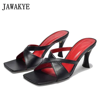 

High Heel Cross Strappy Mules Black Pink Mixed Color Fashion Leather Slippers High Heel Party Shoes Women's Designer Sandalias