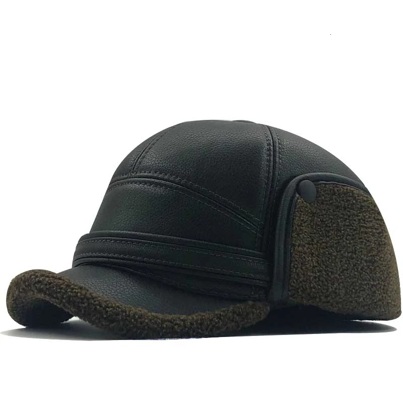 Mens winter leather cap warm patchwork dad hat baseball caps with ear flaps russia adjustable snapback hats for men casquette | Аксессуары