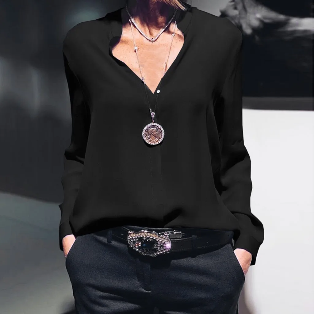 

JAYCOSIN Casual Solid Irregular V-neck Long Sleeve Chiffon Blouse Women's Tops and Blouses Solid Office Shirt Lady Blouse Shirt
