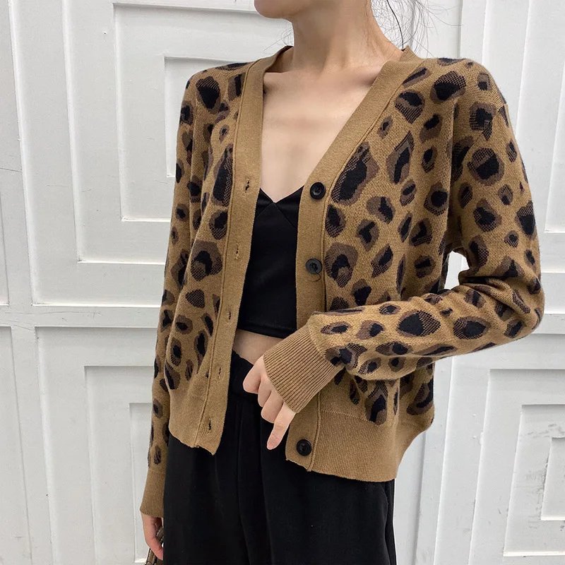 Cárdigan con estampado de leopardo para mujer, suéter de punto corto con cuello en V, manga larga, botones, puntada abierta a la moda, Otoño, nuevo