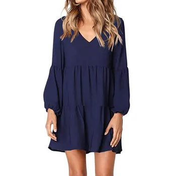 

Casual Sexy Dress Spring Summer 2020 Fashion Women Solid Lantern Long Sleeve Party Dress V-Neck Draped Knee-Length Dress #BL5