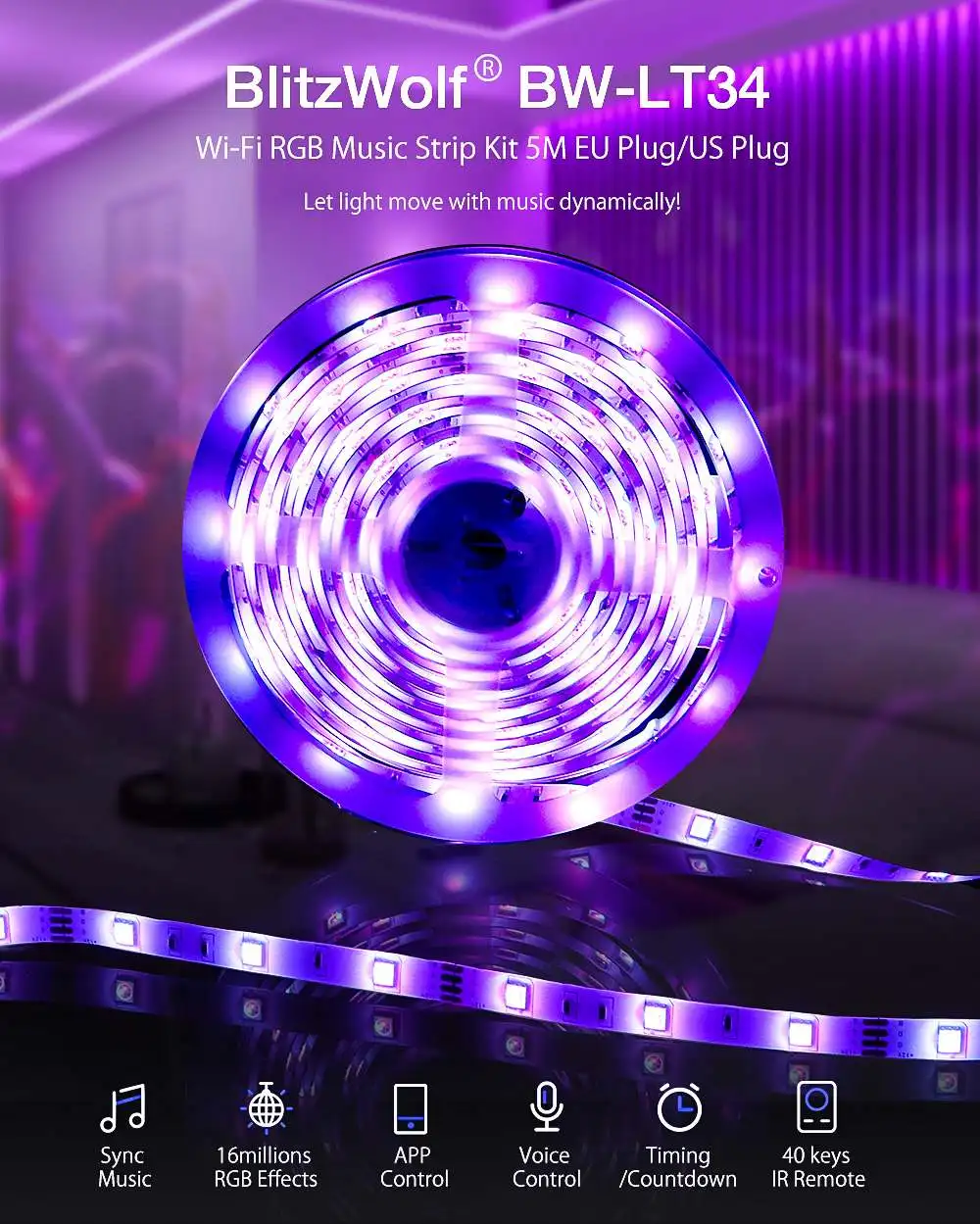 BlitzWolf BW-LT34 5M WiFi RGB Music LED Strip Kit