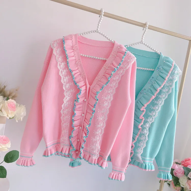 Very Fairy Sweater Woman V-neck Sequined Fungus Lace Patch Long Flare Sleeve Cardigan Coat Jersey Mujer 2019 |
