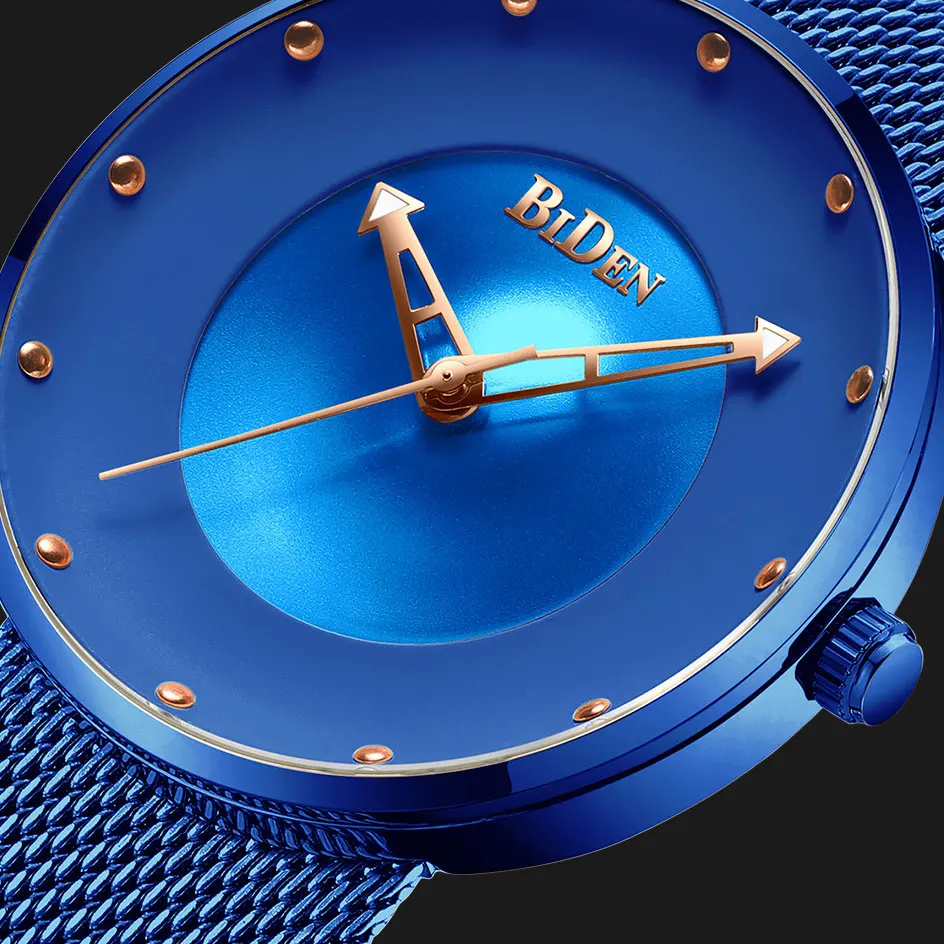 Женские модные простые кварцевые часы с голубым стальным ремешком, сетчатый Браслет, подарочные часы для женщин BIDEN