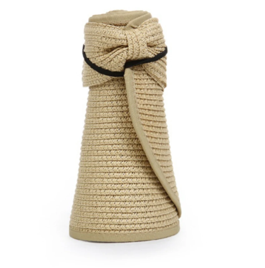 beige Летняя соломенная шляпа с бантом, волнистый пляжный Подсолнух, простой пляжный козырек, Женская широкая Соломенная шляпка, Женская Складная жаккардовая переплетенная шляпа - Цвет: beige
