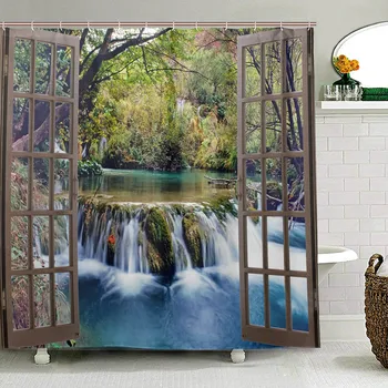 

Wide Waterfall Deep Down in The Forest Seen from A City Window Epic Surreal Decorative Shower Curtain Landscape Bathroom Curtain