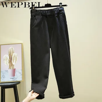 

WEPBEL Women's Jeans Mid Waist Solid Casual Pocket Washed Jeans Casual Straight Loose Long Pants