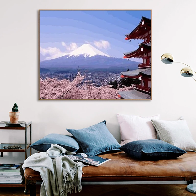 cheap painting by numbers art paint by number Hand painted Japanese cherry blossom Fuji Mountain home corridor decorative painting