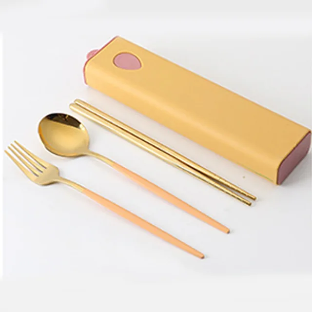 3PCs/4PCs Glossy Stainless Steel Tableware Spoon Fork Knife Straw Reusable Travel Cutlery Set Camp Utensils Set Portable Case D-Orange
