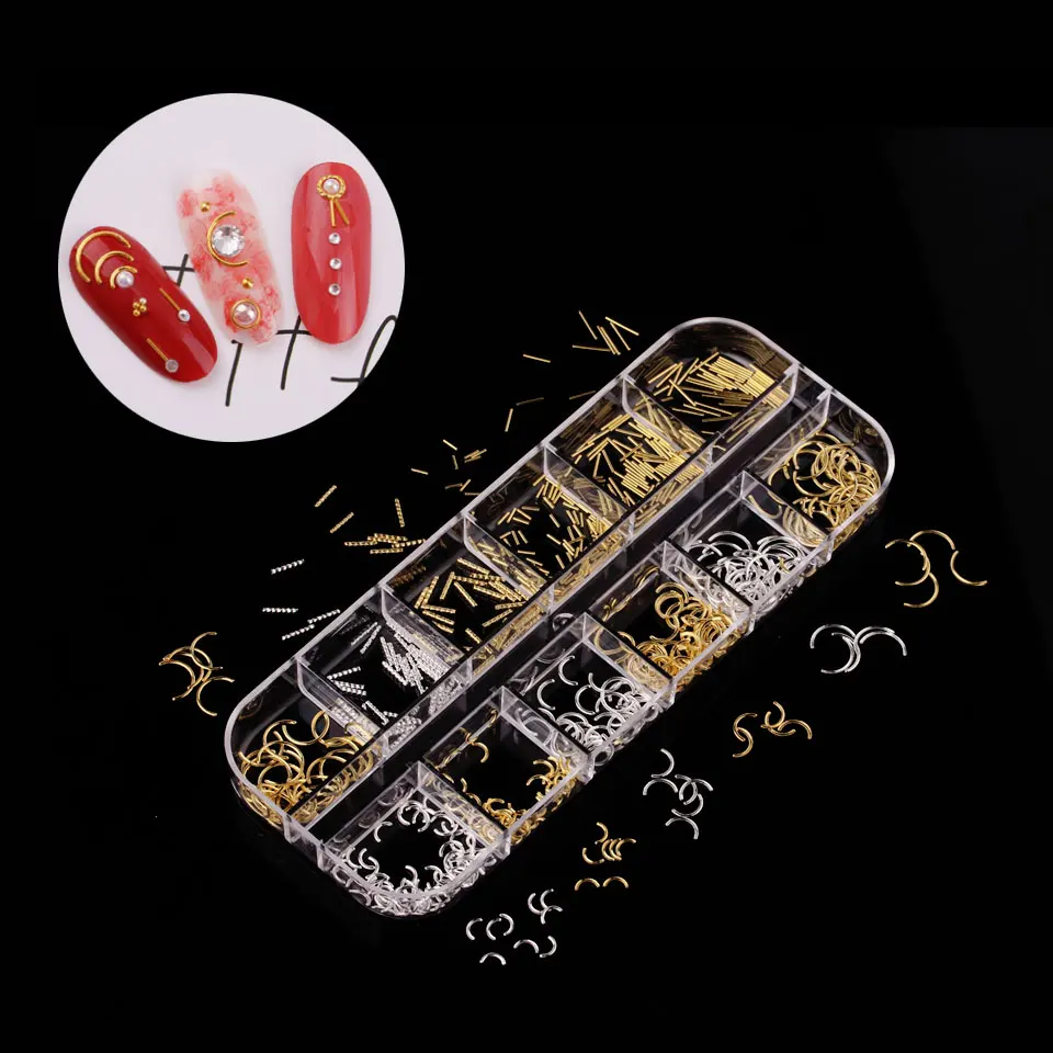 1 Boxed 12 Grids Rose Gold 3D Alloy Metal Nail Rivets Charms Nail Studs Nail Ornament Heart Star Moon Cross Nail Art Decorations 3