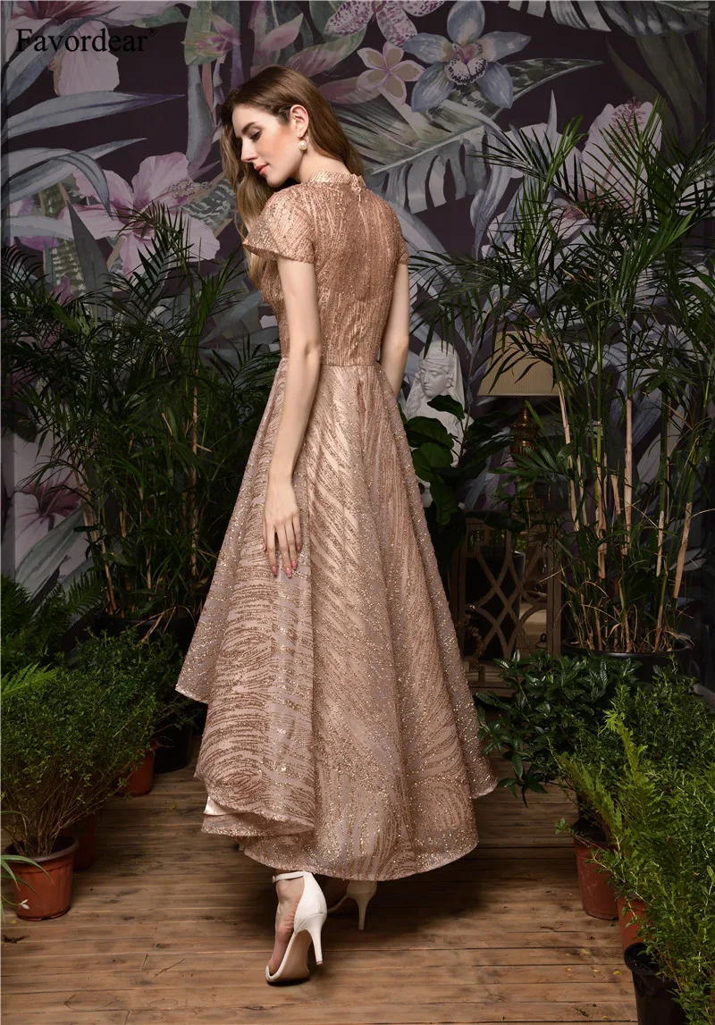Favordear роскошное розовое золото спрей Золотое вечернее платье Vestido De Noiva Чай-Длина Совок Высокий Низкий торжественное платье вечерние платья