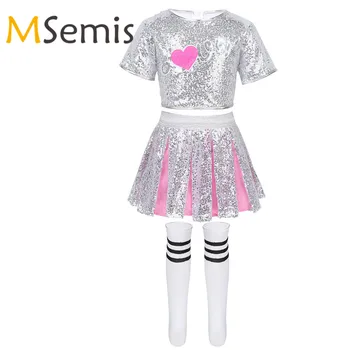 

Kids Girls Cheerleader Costumes Outfit Sparkling Sequins Cheerleading Crop Top with Skirt Striped Socks Jazz Hip Hop Dancewear