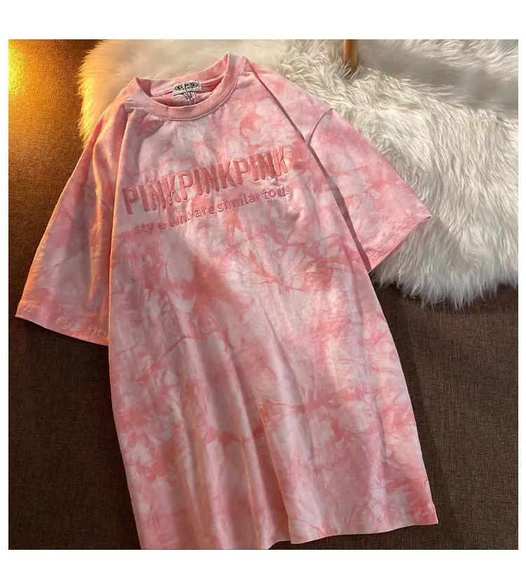 Short Sleeve T-shirts Women Letter Embroidery Tie Dye Oversize Hip Hop Loose Korean Style All-match Students Simple Chic O-neck