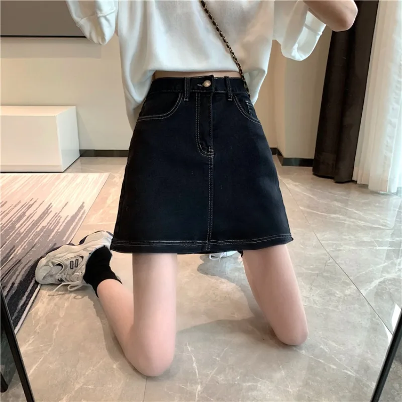

Early spring 2021 new a-line skirt Korean retro high-waisted thin all-match denim short skirt