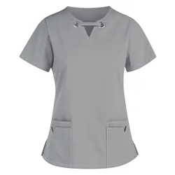 Healthcare Workwear Classic V-neck Scrub Top Women Laboratory Workwear Beauty Salon Scrub Uniforms Solid Short Sleeve Blouse